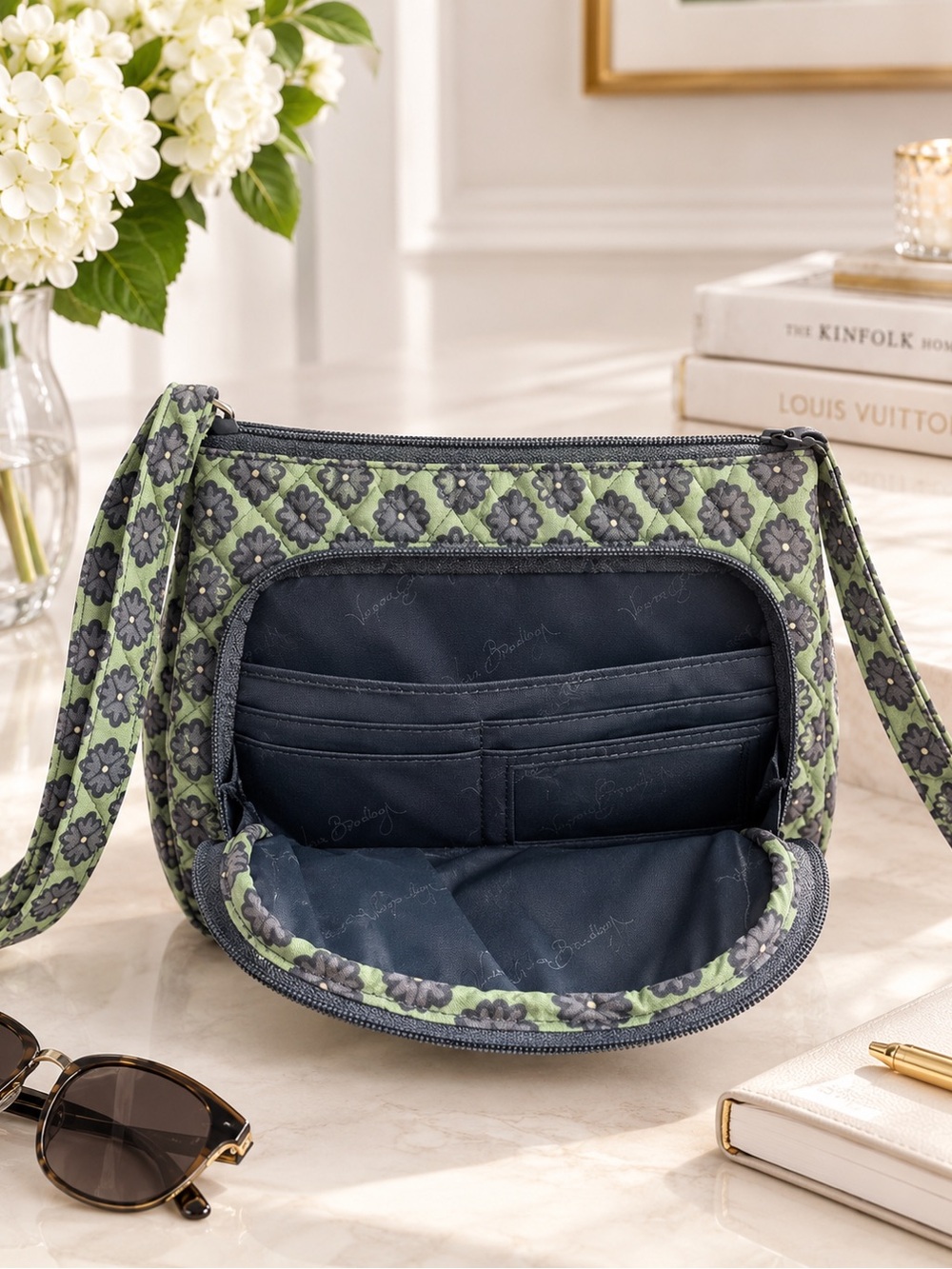 Vera Bradley Green Gray Floral Quilted Crossbody Bag - Picture 2 of 4